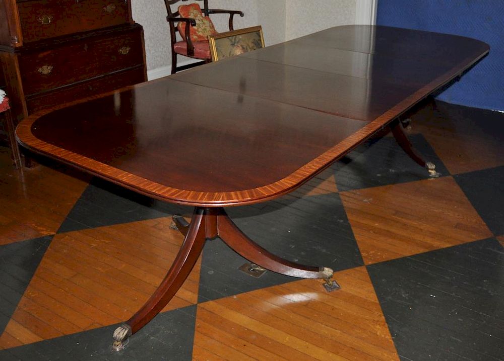 Appraisal: Sheraton Style Mahogany Pedestal Dining Table with banded top two