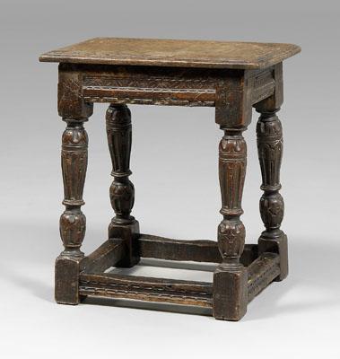 Appraisal: th century oak joint stool molded top carved and molded