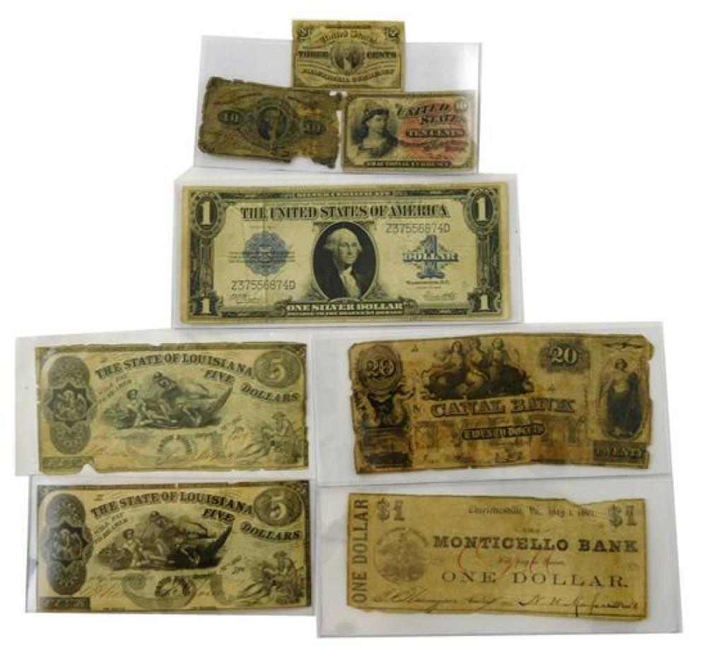 Appraisal: Eight bank notes including four civil war era obsolete Bank