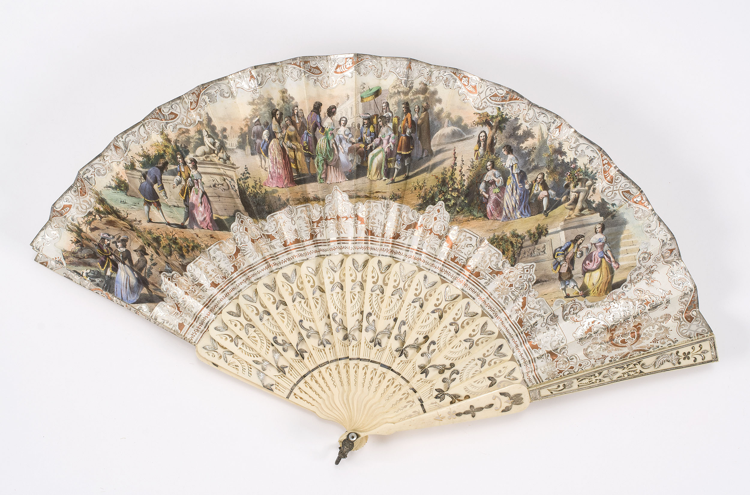 Appraisal: DOUBLE-SIDED PAPER AND BONE FOLDING FAN Continental Early th CenturyA