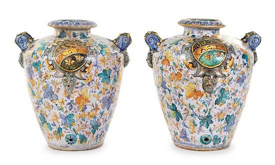 Appraisal: A Pair of Large Italian Majolica Urns Height inches A