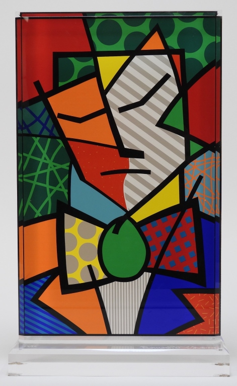 Appraisal: ROMERO BRITTO POP ART LUCITE BLOCK OPTIC SCULPTURE Florida Brazilb