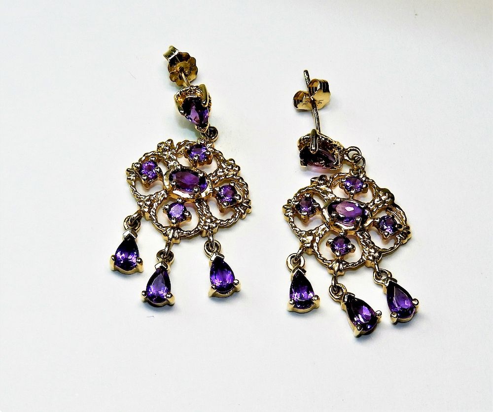 Appraisal: Estate K Gold Amethyst Fancy Drop Earrings China th Century