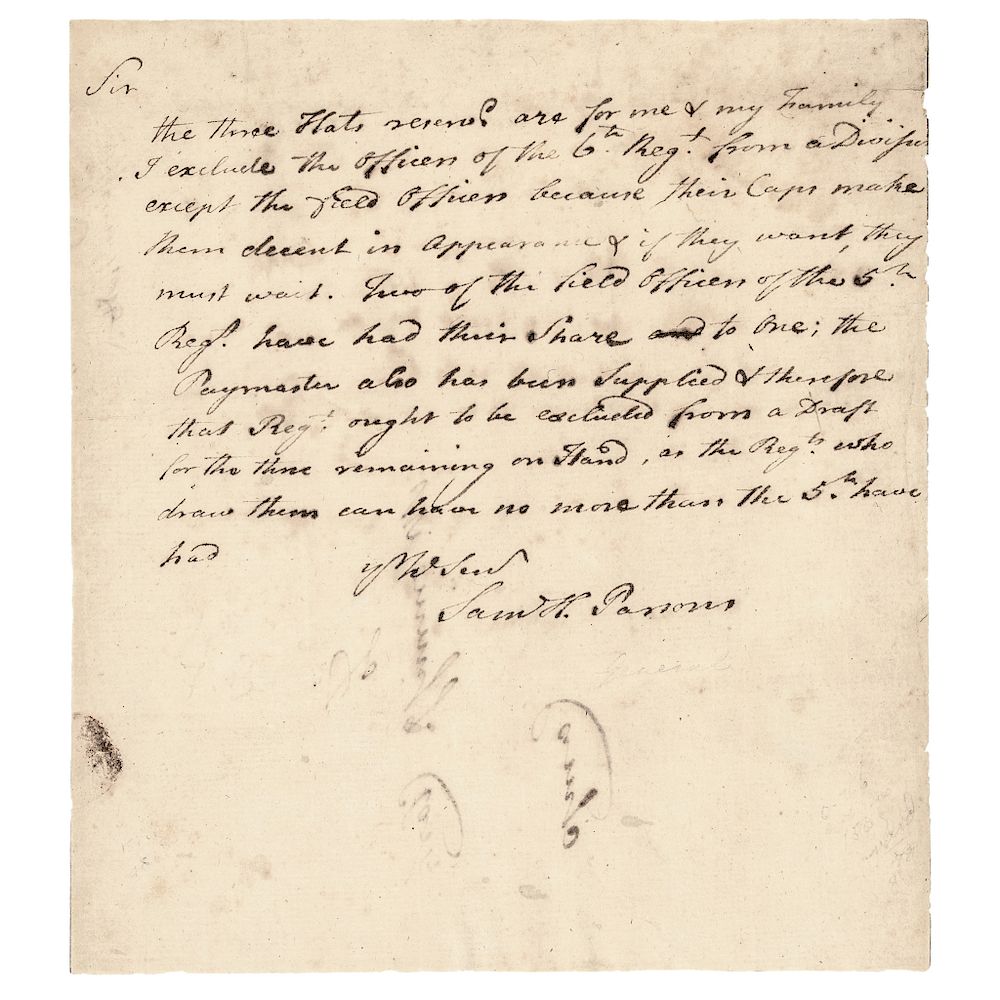 Appraisal: American Revolutionary War General SAMUEL HOLDEN PARSONS Autograph Letter Signed