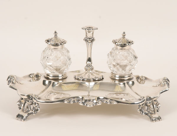 Appraisal: Ornate English silverplate inkstand the formed stand with scrolled edges