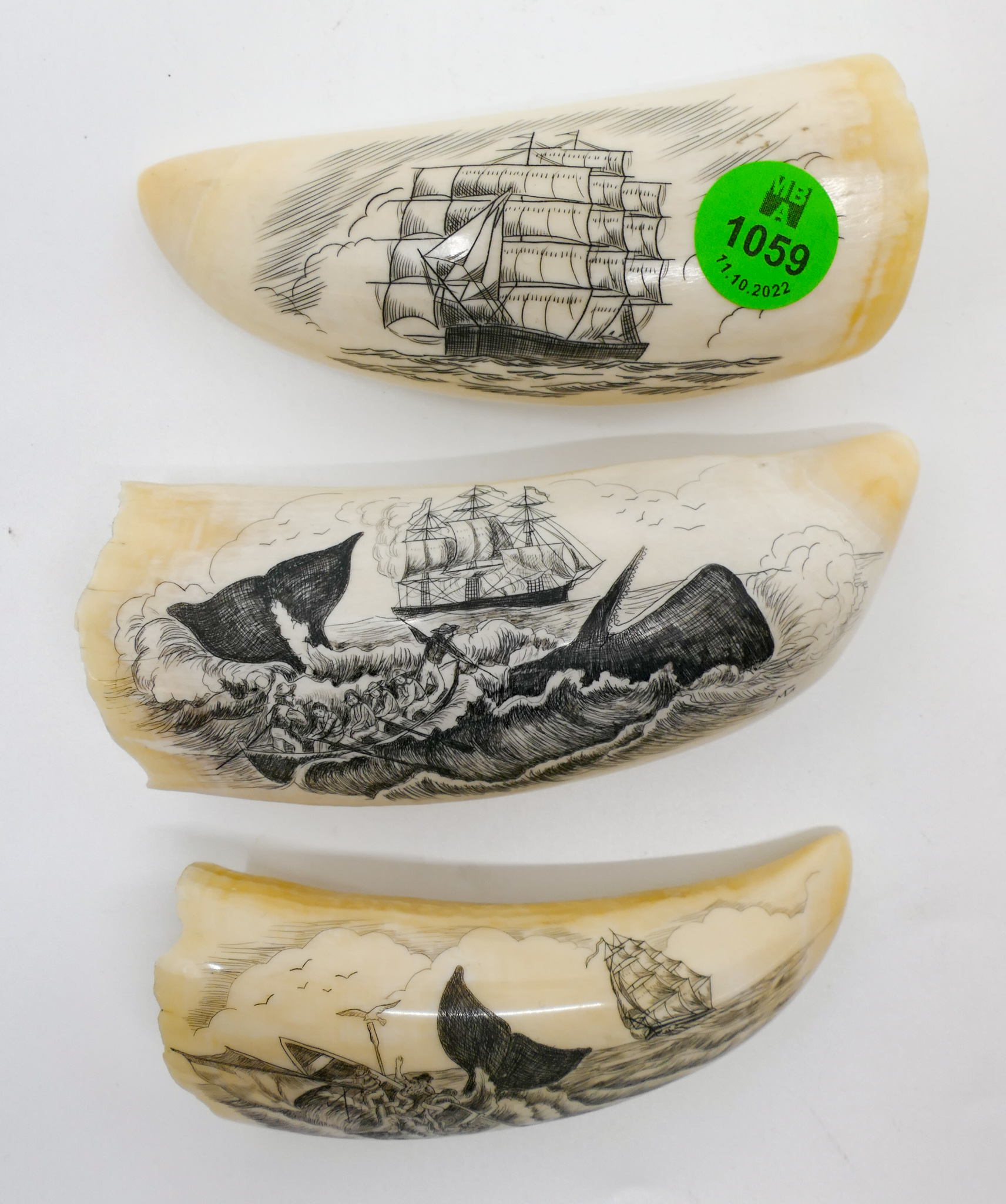 Appraisal: pc Scrimshawed Maritime Tooth Sculptures '' to '' - Initialed