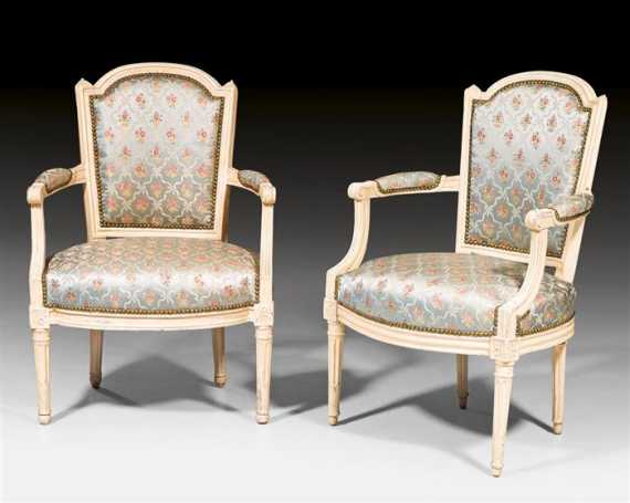 Appraisal: PAIR OF PAINTED FAUTEUILS EN CABRIOLET Louis XVI Paris circa