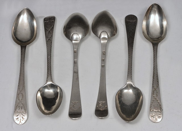 Appraisal: SIX SCOTTISH SILVER TEASPOONS bright cut Old English pattern numbered