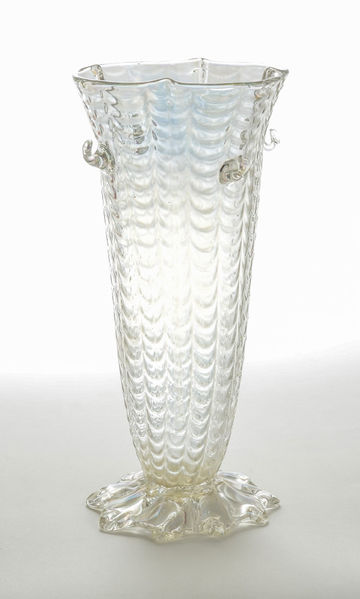 Appraisal: AUSTRIAN RUFFLED ART GLASS VASE Attributed Loetz quatrefoil rim ribbed