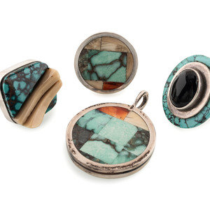 Appraisal: Zuni and Navajo Silver and Mosaic Inlay Rings and Pendant