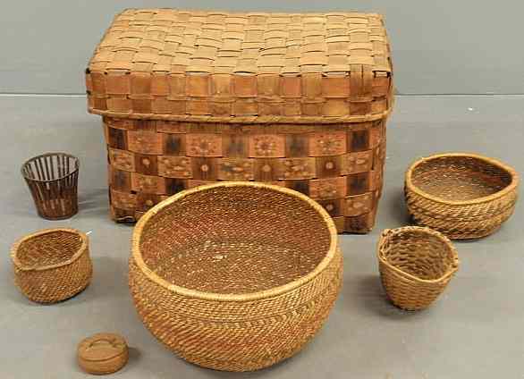 Appraisal: Large woven basket with paint decoration x and six other