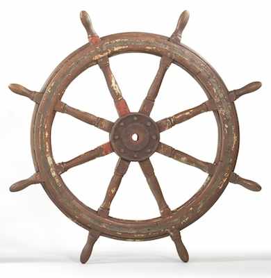 Appraisal: A Large Vintage Ship's Wood Steering Wheel Wood wheel with