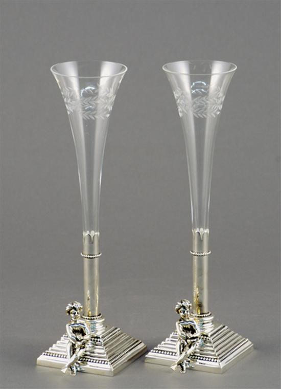 Appraisal: Pair silverplate and crystal vases flared etched flute on square