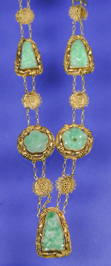 Appraisal: CHINESE SILVER GILT AND CARVED JADE NECKLACE circa length inches