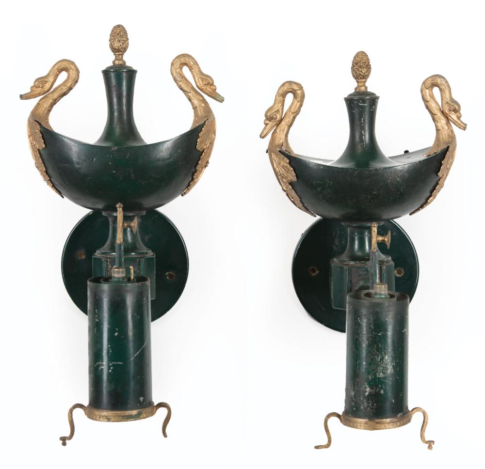 Appraisal: Empire Tole Peinte and Gilt Metal Two-Light Argand Sconce th