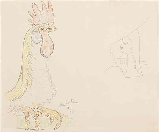 Appraisal: Jean Cocteau French - Cock and Man's Profile lithograph x