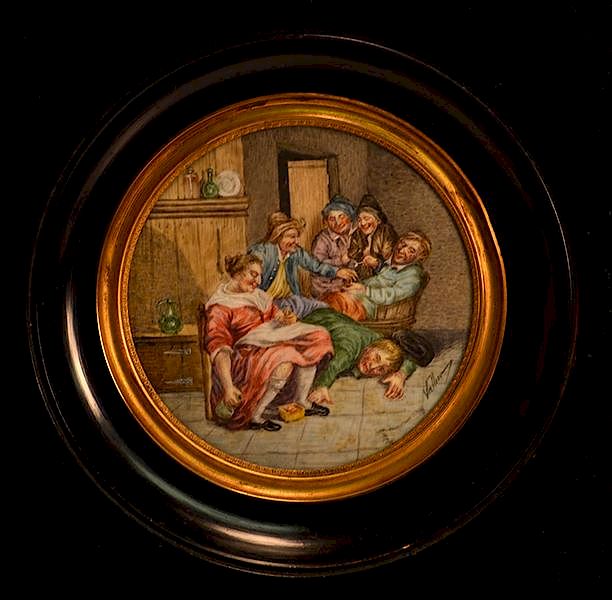 Appraisal: Good th C miniature on ivory of bawdy tavern scene