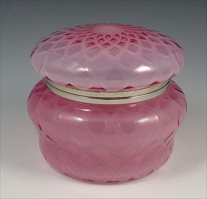 Appraisal: IRIDESCENT PINK DIAMOND GLASS DRESSER JAR ''h '' dia