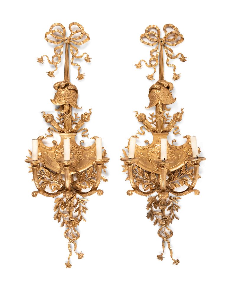 Appraisal: A Pair of Neoclassical Gilt Bronze Three-Light Sconces A Pair