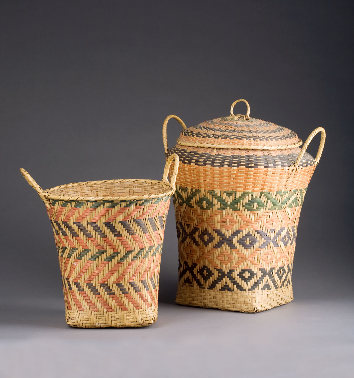 Appraisal: TWO NORTH AMERICAN INDIAN quot DOUBLEWEAVE quot PLAITED SWAMPCANE BASKETS