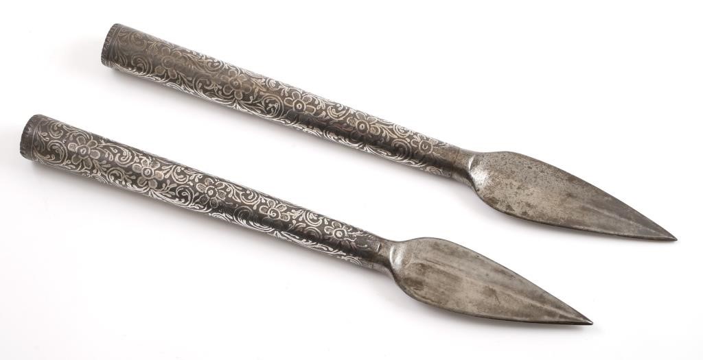 Appraisal: Pair of antique spear points each with intricate silver inlay