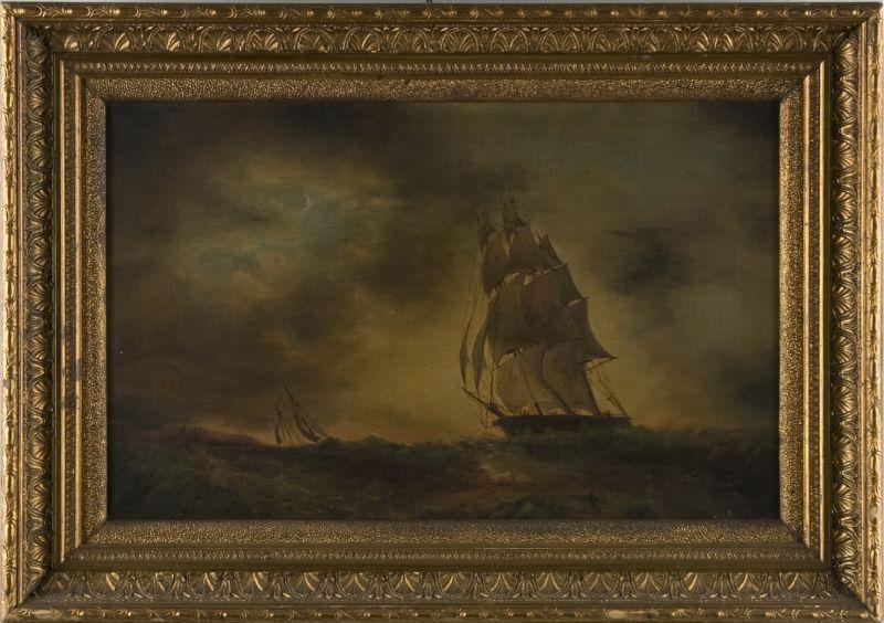 Appraisal: American School Sunset Sailing Ship th c oil on canvas