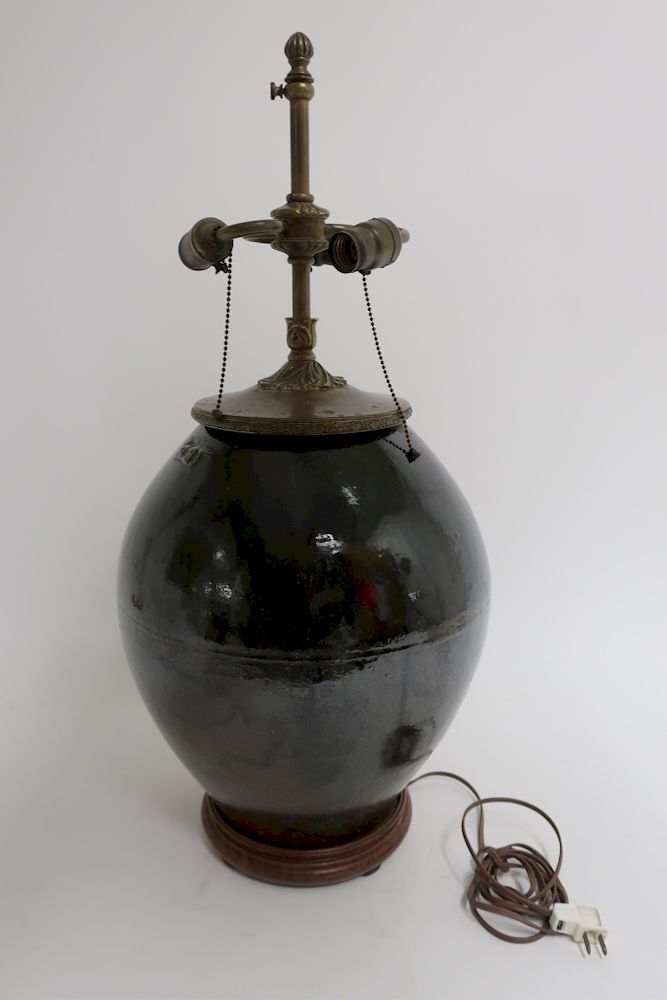 Appraisal: A Signed Asian Stoneware Storage Jar as Lamp unusually large