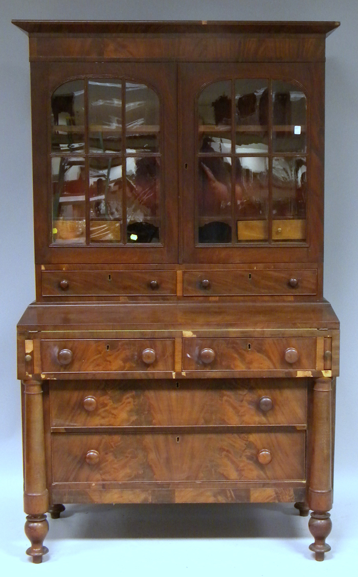 Appraisal: Late Classical Glazed Mahogany and Mahogany Veneer Writing Desk Bookcase