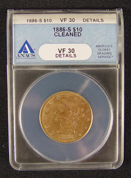 Appraisal: -S Liberty Gold Coin ANACS certified and graded VF details-cleaned