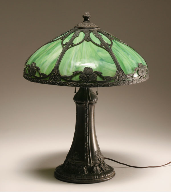 Appraisal: Six panel slag glass lamp raised floral design on patinated