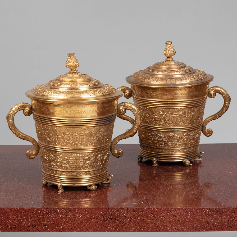 Appraisal: Pair of Large Danish Renaissance Style Gilt-Metal Cups and Covers