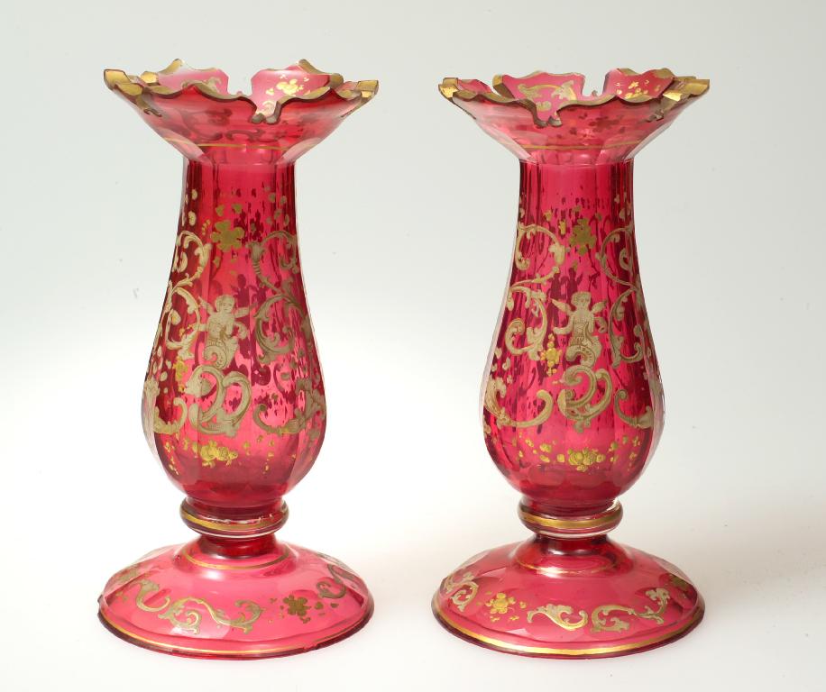 Appraisal: PAIR OF CONTINENTAL CRANBERRY GLASS VASES th CENTURY each of