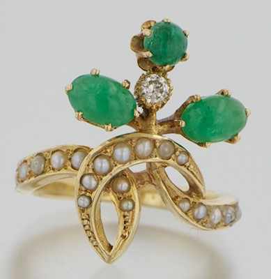 Appraisal: A Ladies' Emerald Diamond and Seed Pearl Ring k yellow