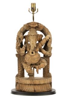 Appraisal: Indian Carved Wood Ganesha Table Lamp Indian th th century