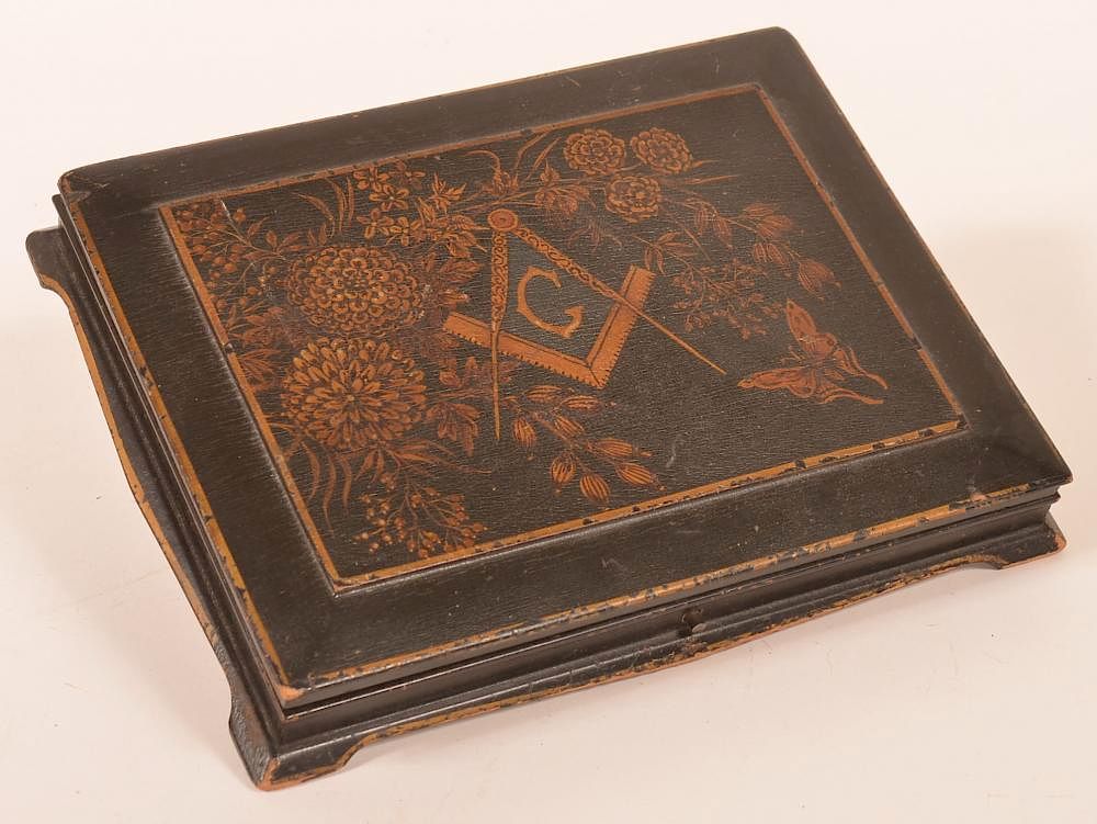 Appraisal: Antique black lacquered Masonic Medal Box Antique black lacquered Masonic