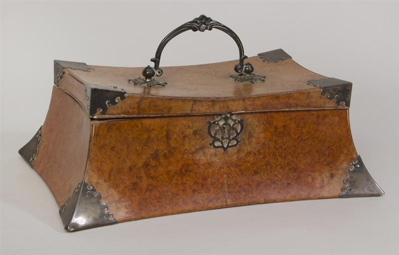 Appraisal: Victorian Yew Wood Sewing Box With silver-plated handle and corner