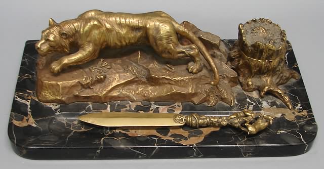 Appraisal: Bronze tiger on bronze rock formation bronze signed BROSE including