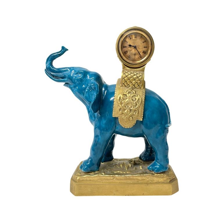 Appraisal: Blue Chinese Porcelain Elephant with Bronze Clock Antique blue Chinese