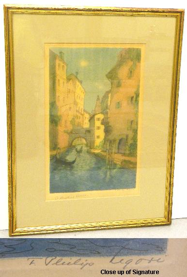 Appraisal: F P Legori colored etching ''A Street in Venice ''