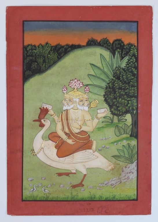 Appraisal: INDIAN PAHARI SCHOOL BRAHMA MINIATURE PAINTING India th CenturyDepicts Brahma