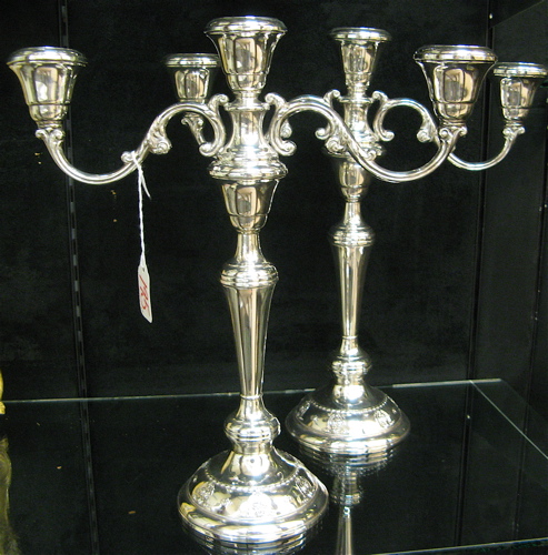 Appraisal: PAIR OF WALLACE STERLING SILVER CANDELABRA three-lights decorative scroll arms