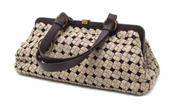 Appraisal: A Bottega Veneta Khaki Woven Leather Bag chocolate brown trim