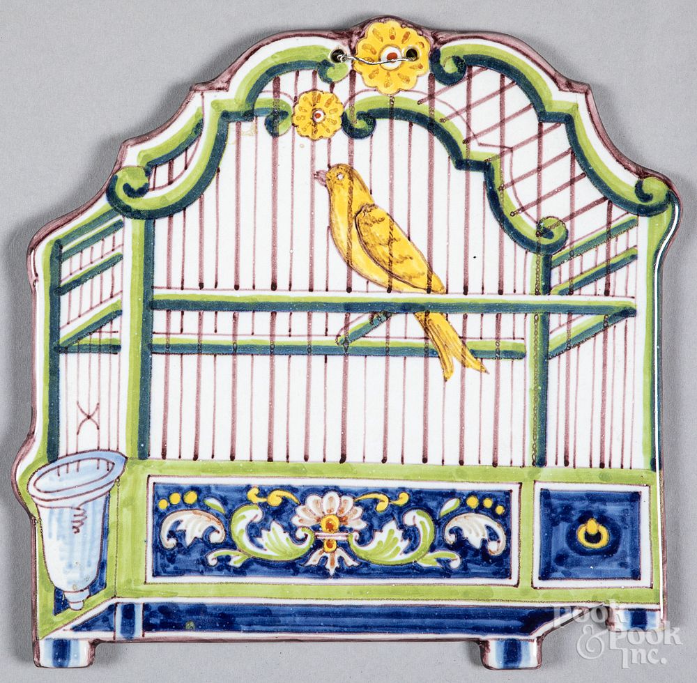 Appraisal: Delft birdcage wall plaque th c Delft birdcage wall plaque