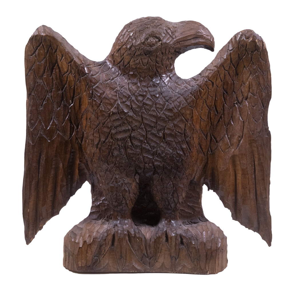 Appraisal: FOLK ART CARVED WOOD EAGLE PLAQUE Walnut Stained Oak bas