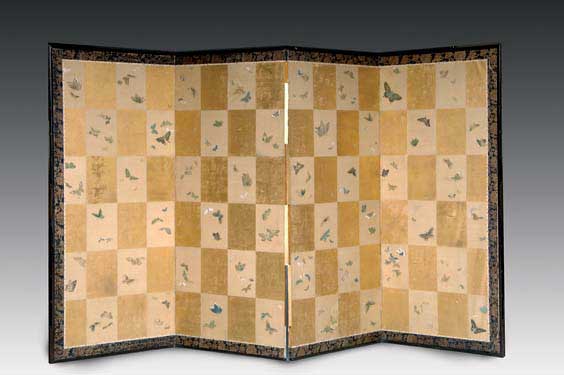 Appraisal: ANTIQUE FOUR PANEL SCREEN Antique Japanese four-panel screen with design