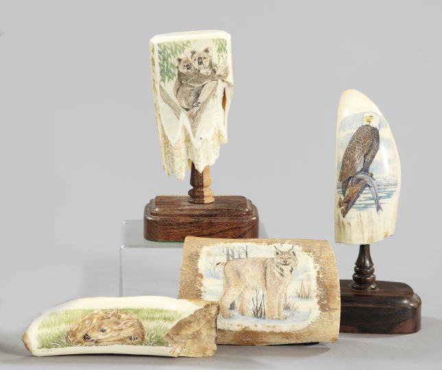 Appraisal: Interesting Four-Piece Collection of Scrimshaw comprised of a carved and