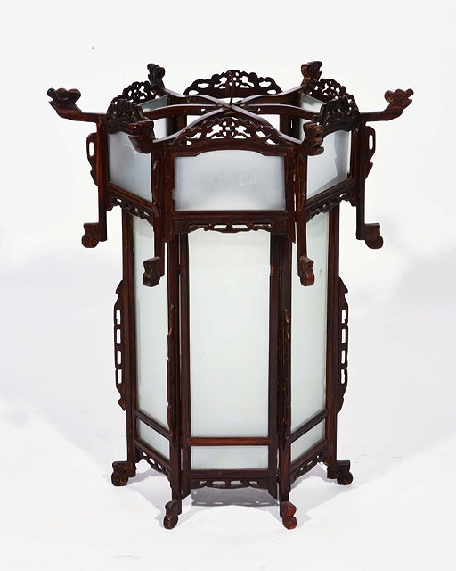 Appraisal: A CHINESE STYLE HARDWOOD AND OPAQUE GLASS HALL LANTERN of