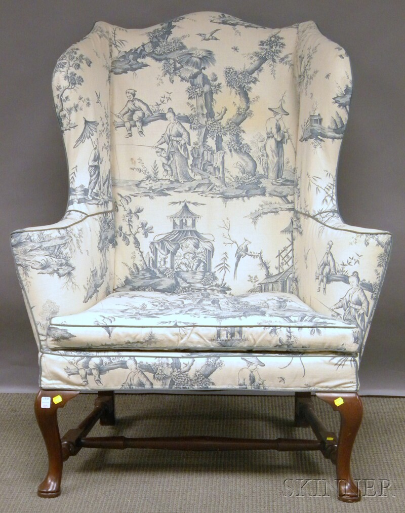 Appraisal: Kittinger Williamsburg Restoration Queen Anne-style Toile-style Upholstered Mahogany Wing Chair