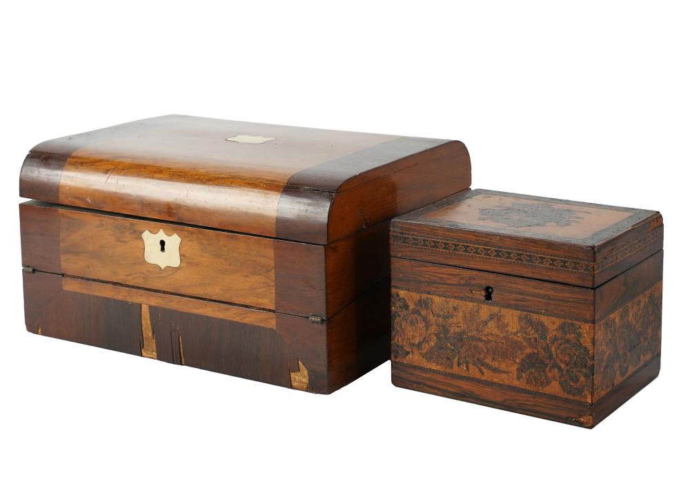 Appraisal: TWO ANTIQUE WOODEN BOXESthe first marquetry-inlaid with hinged top x