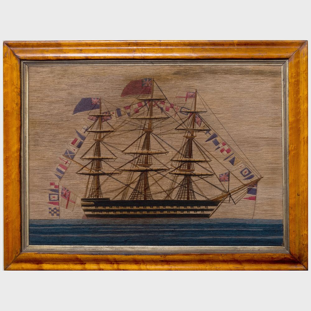 Appraisal: English Woolwork Picture of a Battleship with Flags x in